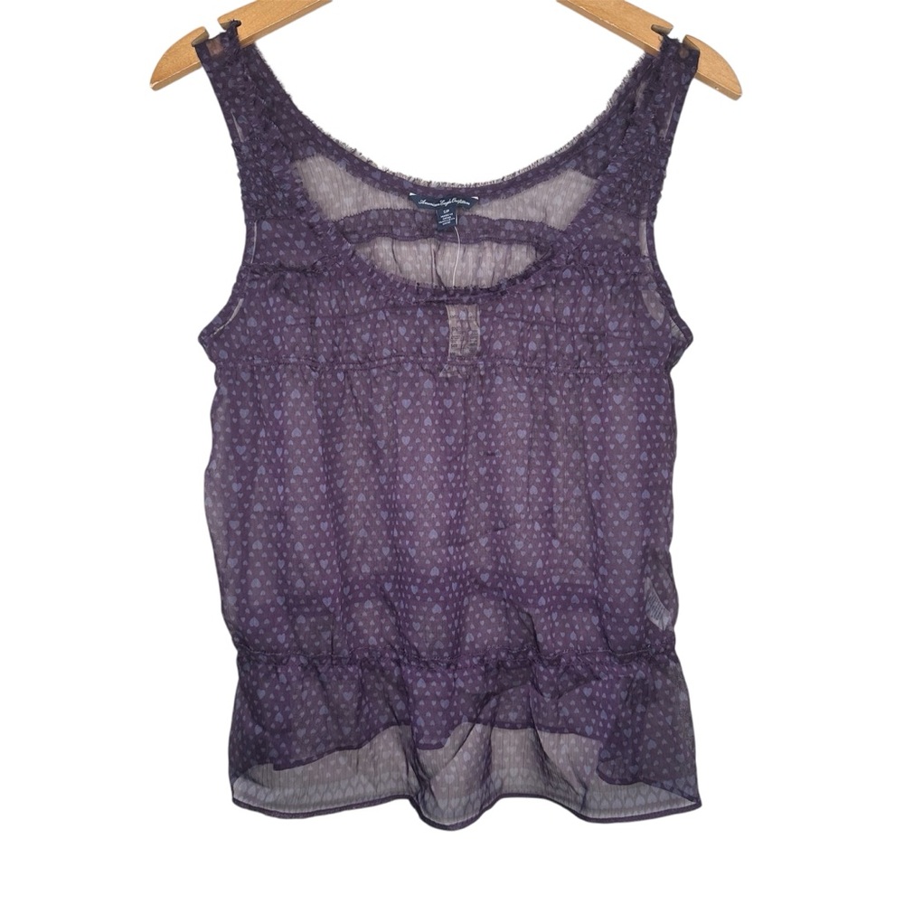 American Eagle Womens Heart Print Sheer Purple Top Small